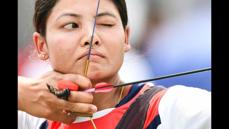Gyanu Awale, an archer from Nepal, competes at the Asian Games on Tuesday, August 21.