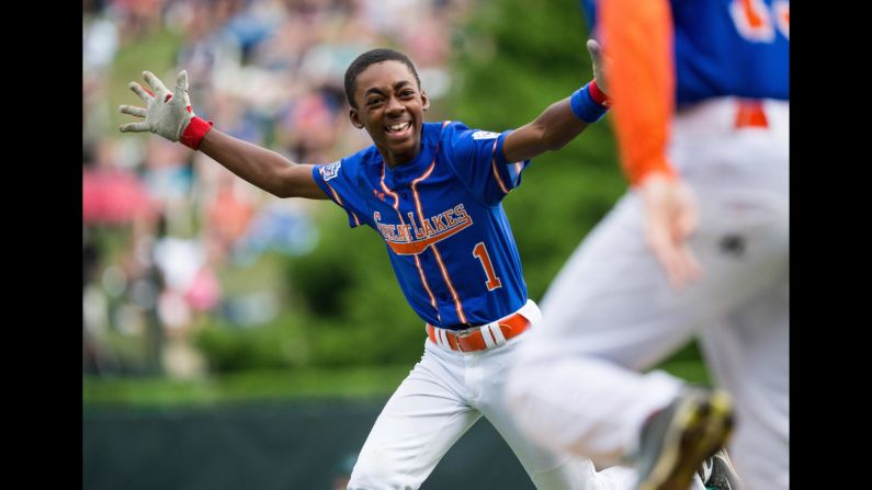 Reggie Sharpe reacts after his game-winning hit at the Little League World Series on Monday, August 20. Sharpe's team from Grosse Pointe Woods, Michigan, won 5-4 over a team from Des Moines, Iowa.