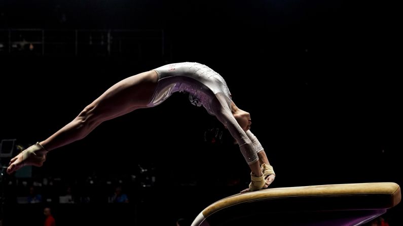 Chinese gymnast Jinru Liu competes on the vault during the Asian Games on Wednesday, August 22. China went on to win gold in the team all-around.