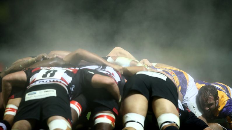 Steam comes off a rugby scrum during a professional match in Pukekohe, New Zealand, on Thursday, August 23.