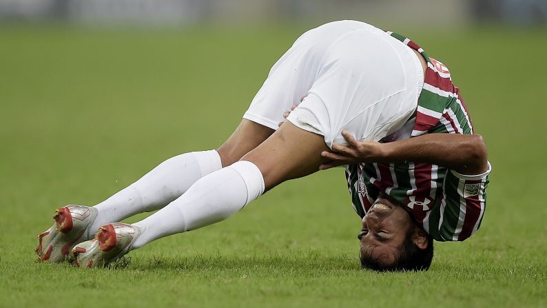 Fluminense's Junior Sornoza grimaces during a professional soccer match in Rio de Janeiro on Wednesday, August 22. 