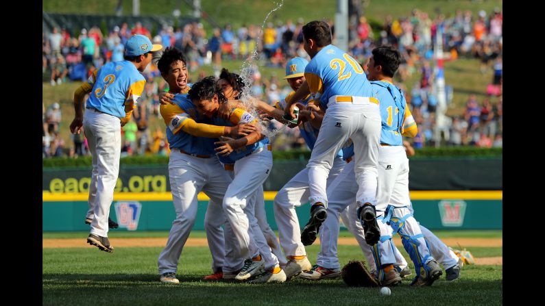 A Little League baseball team from Honolulu celebrates after winning the Little League World Series on Sunday, August 26. The Hawaiian team went 5-0 in the tournament, including a 3-0 victory in the final over a team from Seoul, South Korea. Hawaiian teams also won the tournament in 2005 and 2008.