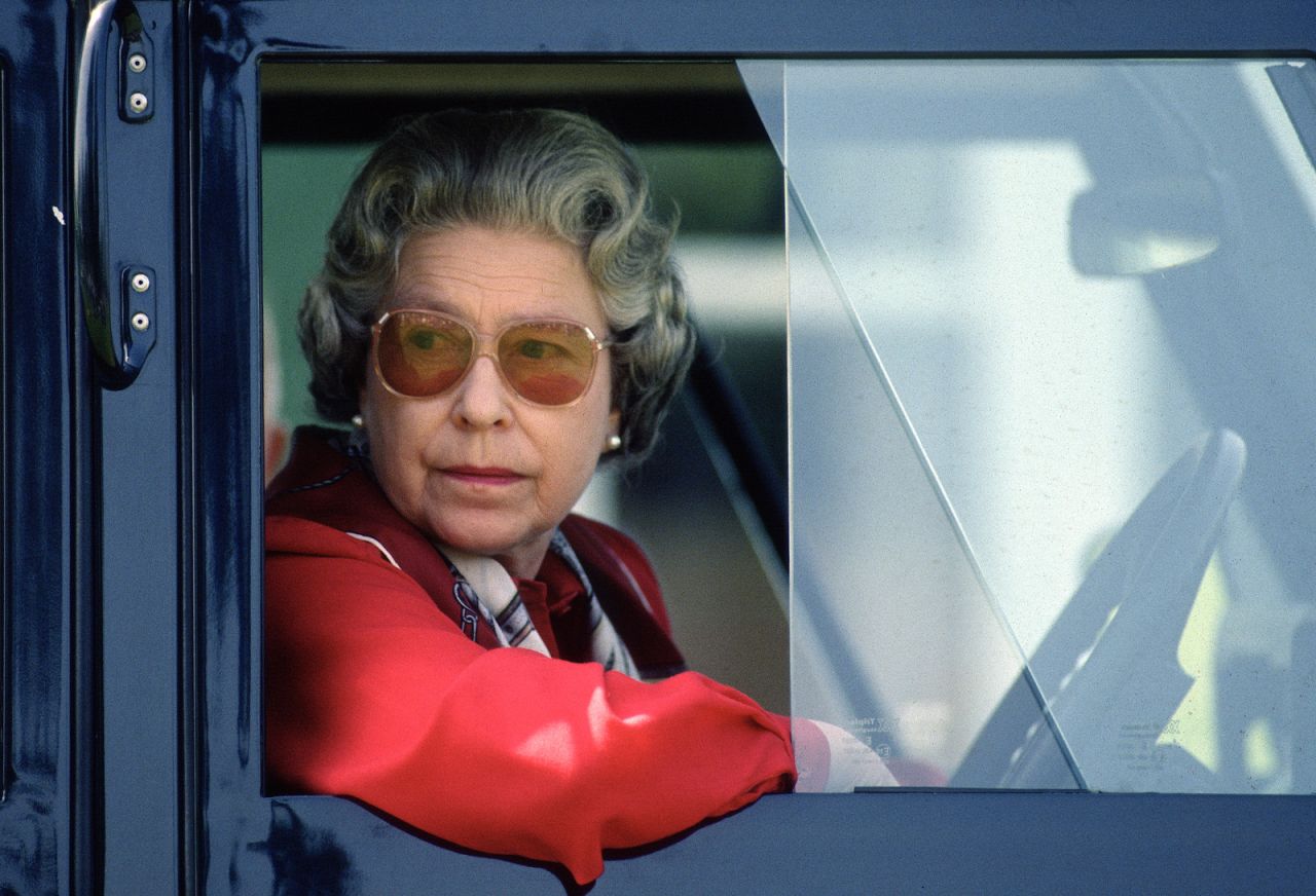 Elizabeth drives her Land Rover during the Royal Windsor Horse Show in May 1992.