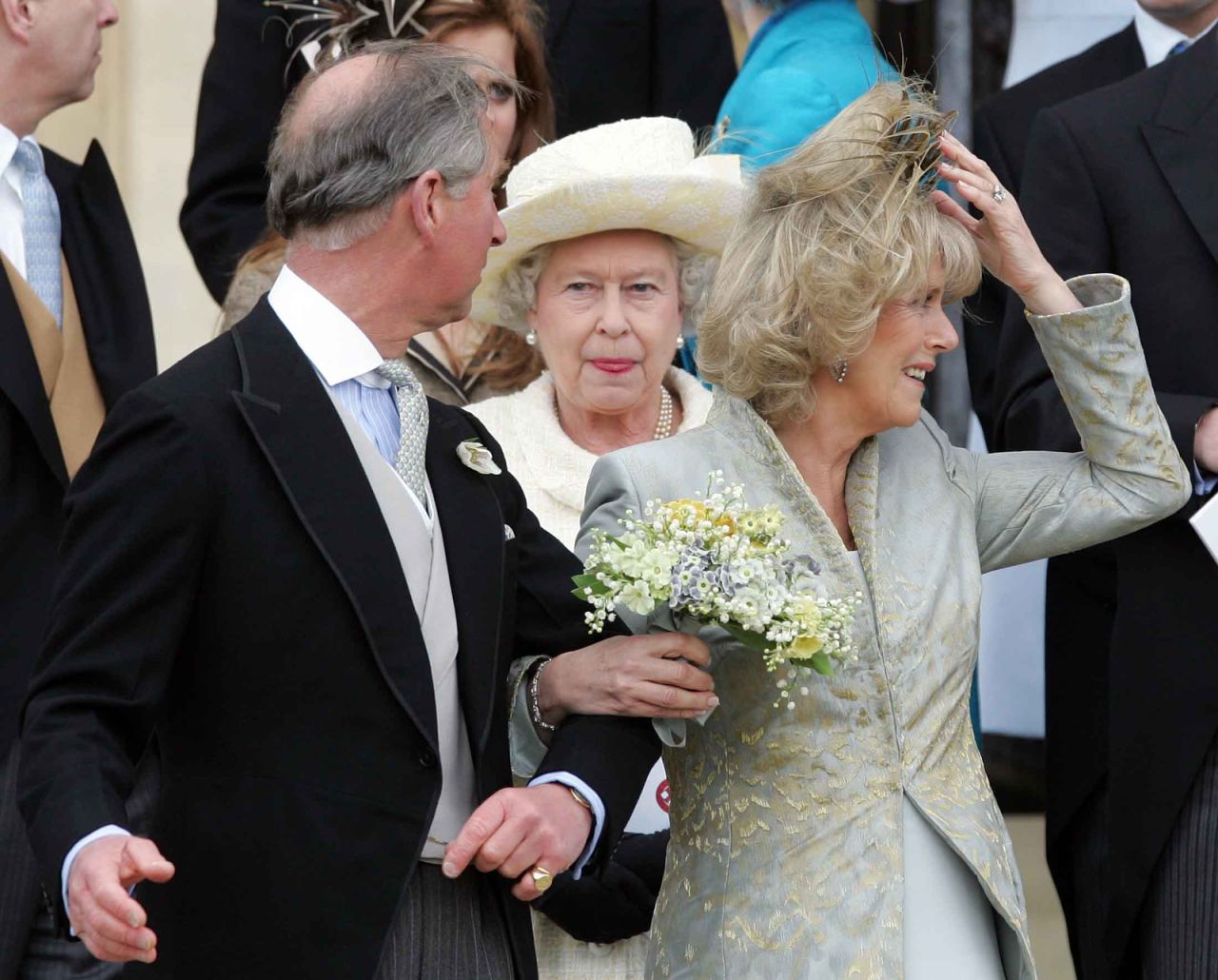Prince Charles looks back at his mother after wedding Camilla, Duchess of Cornwall, in April 2005.