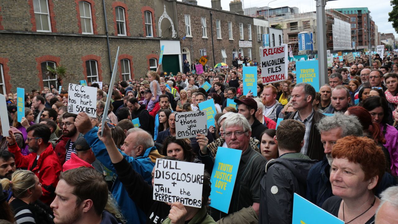 The Stand4Truth rally gathers outside a former Magdalene Laundry in Dublin as part of demonstrations against clerical abuse.