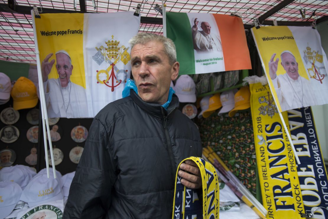 Paul Preston was dropping prices for Pope merchandise on Sunday, after making few sales.