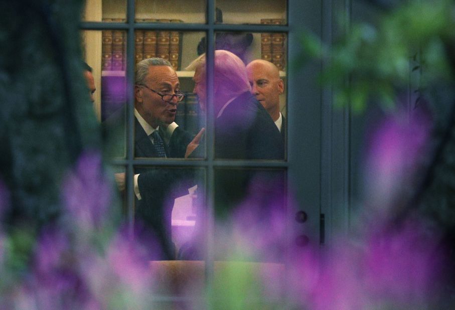 Trump talks with Senate Minority Leader Chuck Schumer during a meeting in the White House Oval Office in September 2017. The end result of that meeting was Trump <a href="http://www.cnn.com/2017/09/06/politics/trump-deal-democrats-republicans/index.html" target="_blank">bucking his own party and siding with Democrats</a> to support a deal that would ensure passage of disaster relief funding, raise the debt ceiling, and continue to fund the government into December.