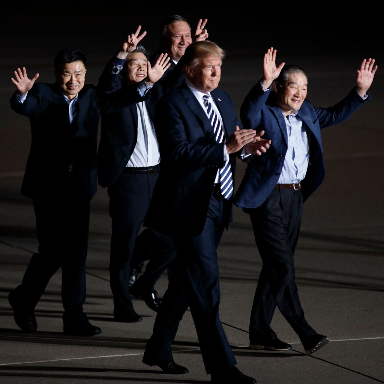 Three Americans<a href="https://www.cnn.com/2018/05/10/politics/trump-north-korea-freed-americans/index.html" target="_blank"> released by North Korea</a> are welcomed at Andrews Air Force Base in Maryland by Trump and Secretary of State Mike Pompeo in May 2018. Kim Dong Chul, Kim Hak-song and Kim Sang Duk, also known as Tony Kim, were freed while <a href="https://www.cnn.com/2018/05/09/politics/mike-pompeo-north-korea-prisoners-tick-tock/index.html" target="_blank">Pompeo was visiting North Korea</a> to discuss Trump's upcoming summit with North Korean leader Kim Jong Un.