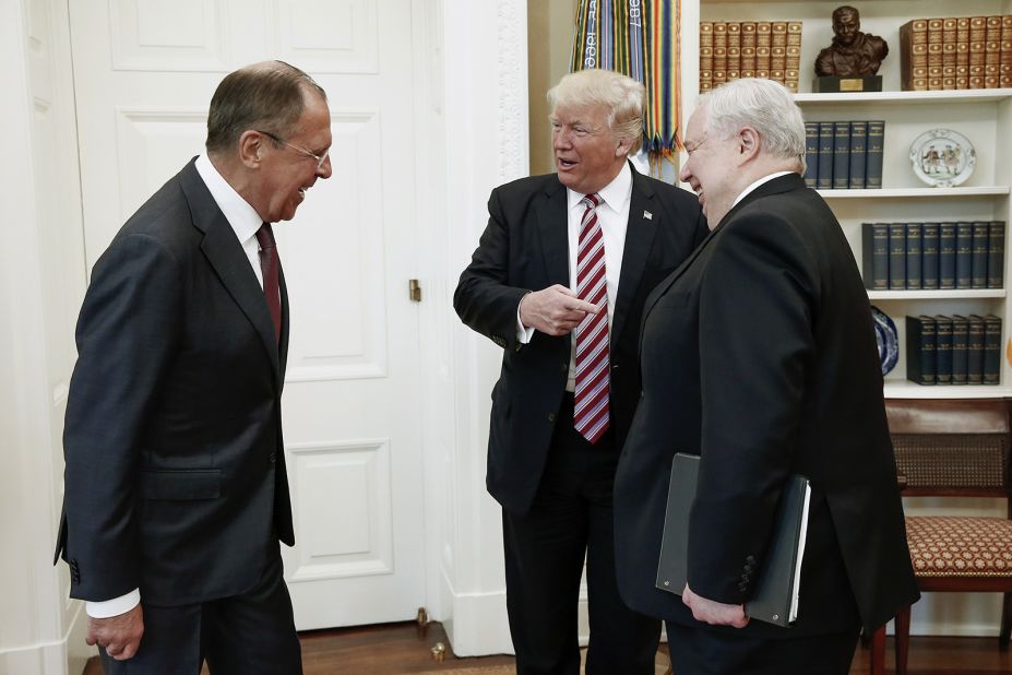 Trump points at Sergey Kislyak, Russia's ambassador to the United States, while hosting Kislyak and Russian Foreign Minister Sergey Lavrov, left, at the White House in May 2017. <a href=