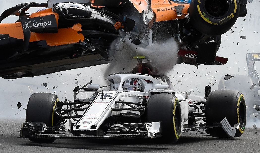 The first-corner crash at August's Belgian Grand Prix produced one of the most dramatic images of the 2018 season. Shunted from behind by Nico Hulkenberg, Fernando Alonso's McLaren was sent airborne and bounced off Charles Leclerc's car, just centimeters from the Monégasque's head. The incident brought focus back onto the "Halo" device -- brought into F1 in 2018 for the first time -- that undoubtedly prevented serious injury to Leclerc.