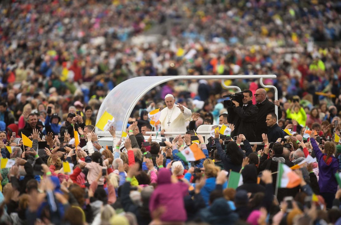 Pope Francis arrives at Mass in Dublin's Phoenix Park on Sunday.