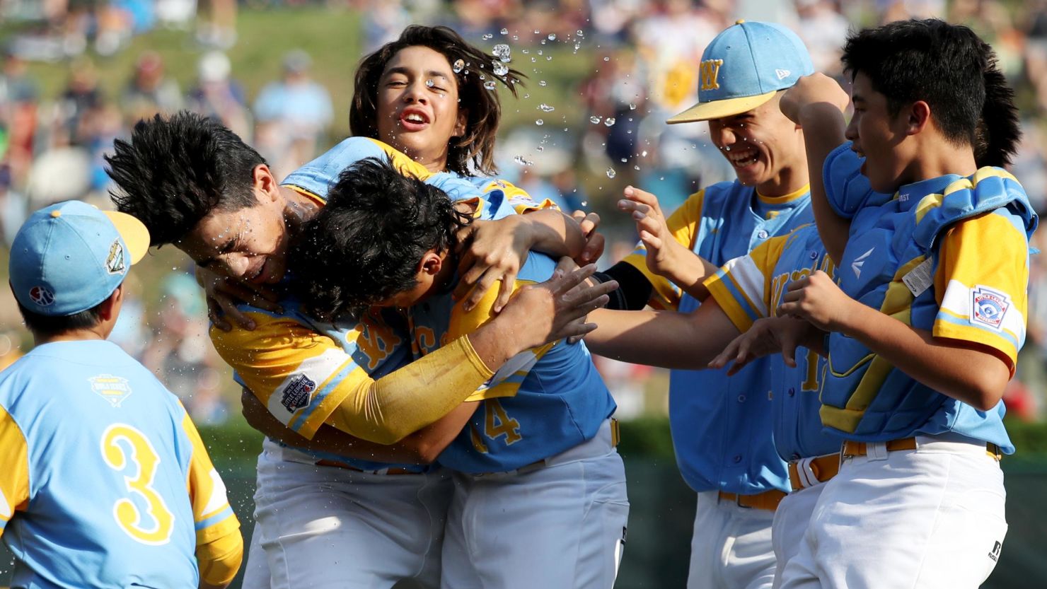 Hawaii celebrates a victory in the 2018 Little League World Series in South Williamsport, Pennsylvania.