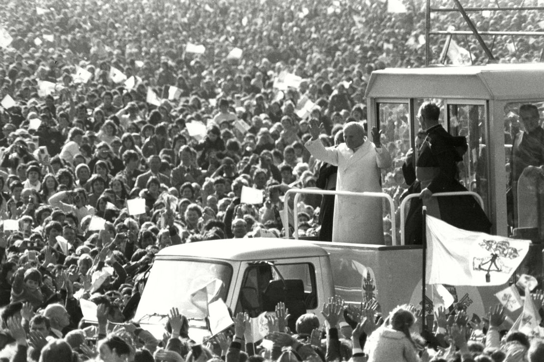 Pope John Paul II greets crowds at Phoenix Park in 1979. Aerial photos of the event were not available. 
