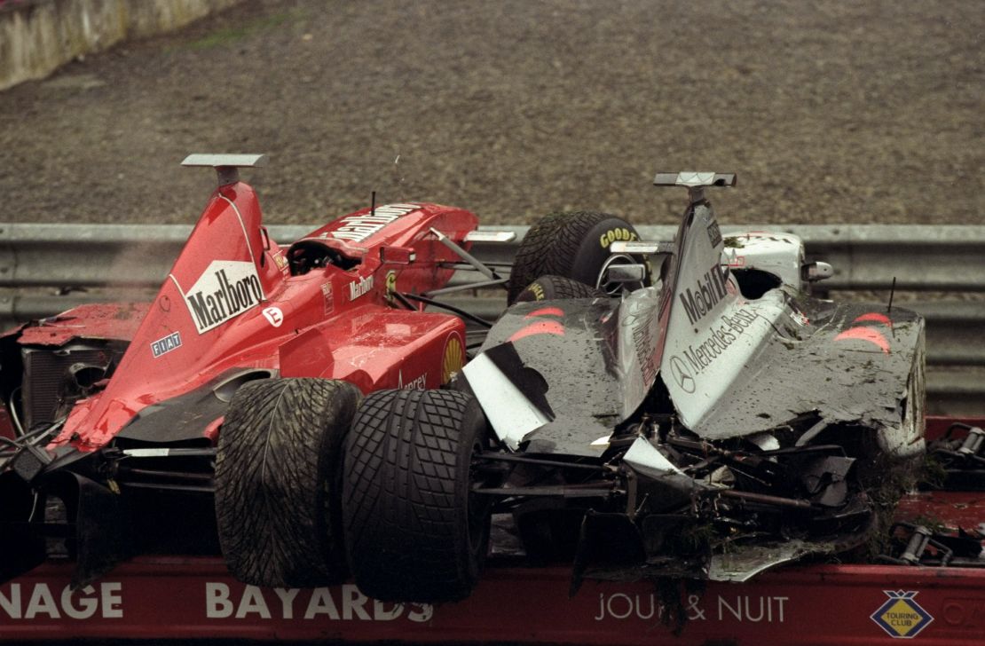 30 Aug 1998:  The Ferrari of Eddie Irvine and the Maclaren Mercedes of David Coulthard loaded on a recovery vehicle after the crash.