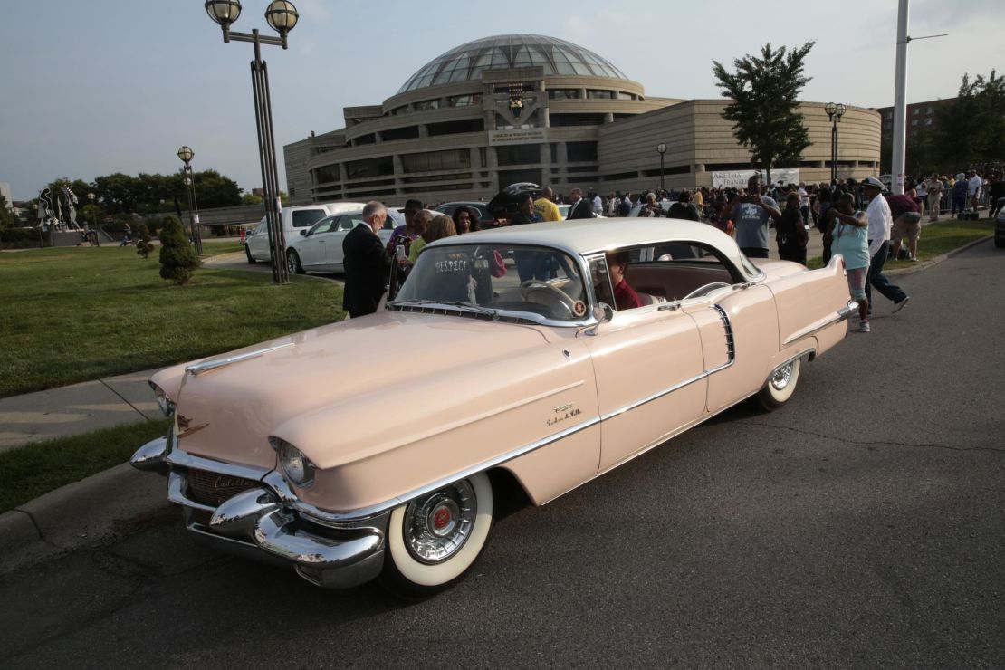 A pink Cadillac seen outside the viewing of Aretha Franklin at the Charles H. Wright Museum of African American History on Aug. 28, 2018.