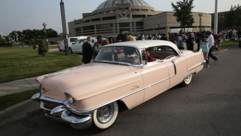 A pink Cadillac owned by Stuart Popp is seen outside the viewing of Aretha Franklin 