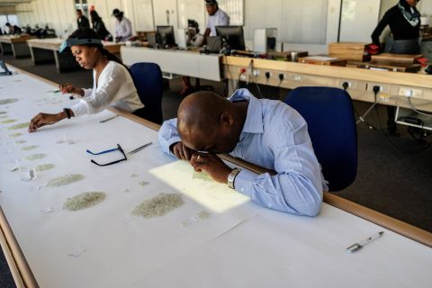 Diamonds are examined and graded by employees at the Namibian Diamonds Trading Company in Namibia's capital, Windhoek.
