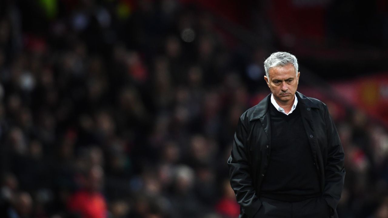MANCHESTER, ENGLAND - AUGUST 27: Jose Mourinho, manager of Manchester United in action during the Premier League match between Manchester United and Tottenham Hotspur at Old Trafford on August 27, 2018 in Manchester, United Kingdom. (Photo by Clive Mason/Getty Images)