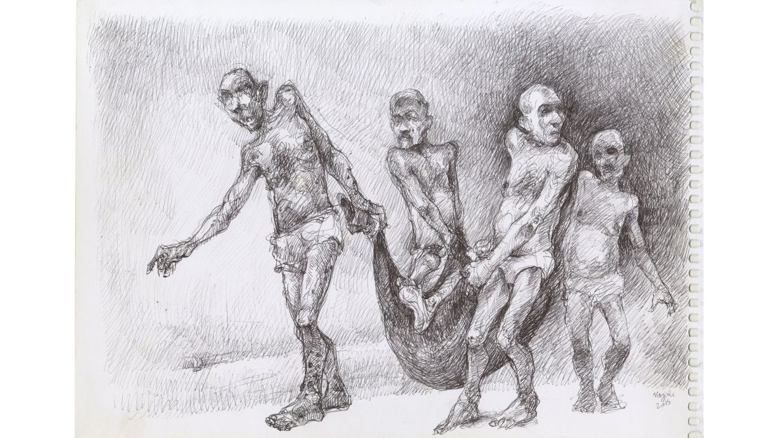 Najah al-Bukai depicts prisoners transporting the dead to mass graves. 