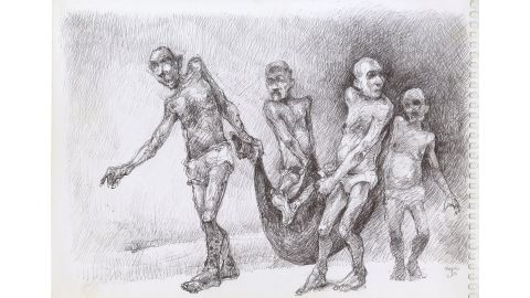 Najah al-Bukai depicts prisoners transporting the dead to mass graves. 