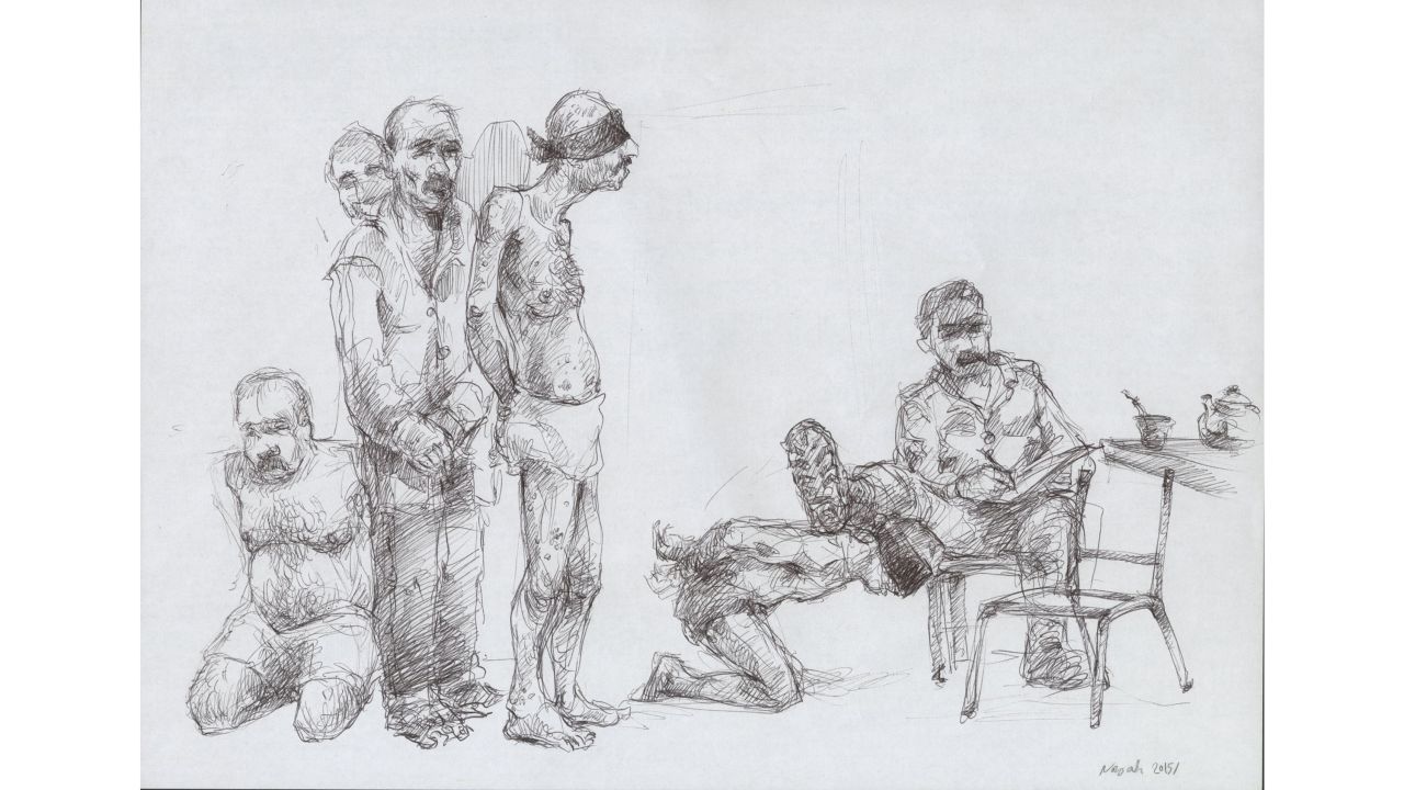 An illustration by ex-prisoner and illustrator Najah al-Bukai depicts his memories 