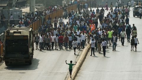 Republican Party of India members march on the streets of Mumbai on January 3 during widespread protest after the death of a young Dalit activist in Maharashtra state's Pune district.