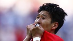 TOPSHOT - South Korea's forward Son Heung-min celebrates scoring his goal during the Russia 2018 World Cup Group F football match between South Korea and Germany at the Kazan Arena in Kazan on June 27, 2018. (Photo by BENJAMIN CREMEL / AFP) / RESTRICTED TO EDITORIAL USE - NO MOBILE PUSH ALERTS/DOWNLOADS        (Photo credit should read BENJAMIN CREMEL/AFP/Getty Images)