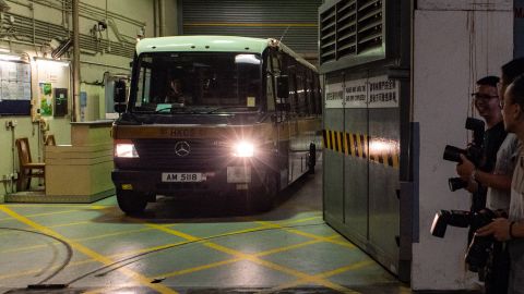 A prison van transporting Malaysian national Khaw Kim-sun, 53, who is accused of murdering his wife and daughter, leaves the High Court in Hong Kong on August 23, 2018.