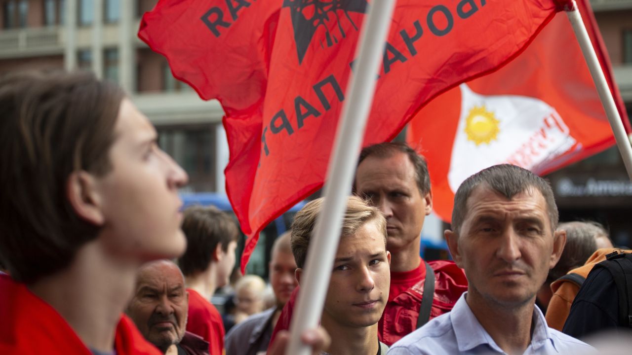 Communist Party supporters protest over proposed retirement age increases in Moscow on August 21. 