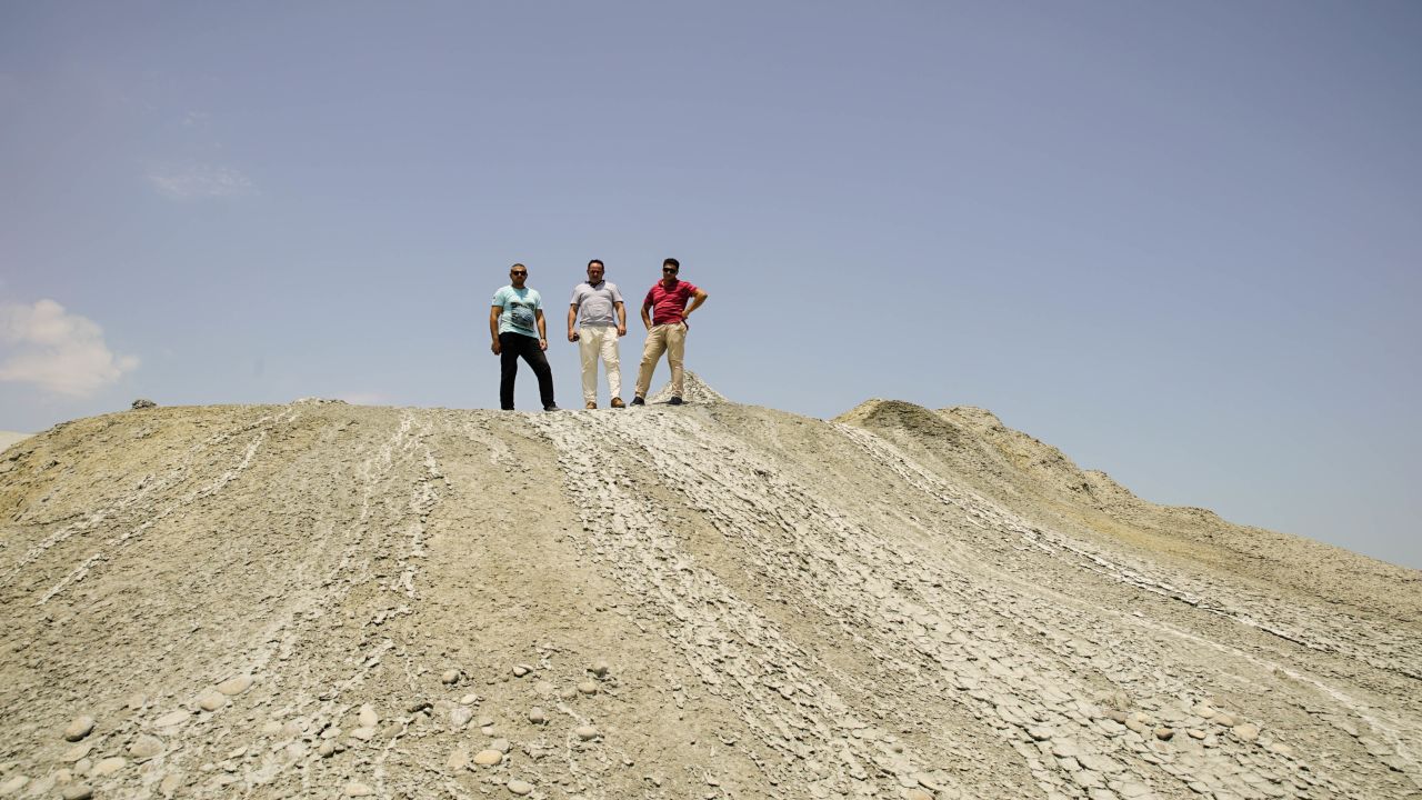 <strong>The team: </strong>Volcano scientists Jeyhun Pashayev (L), Anar Baghirov (C) and Rahman Abdullageu (R) took CNN Travel on an off-road tour. 