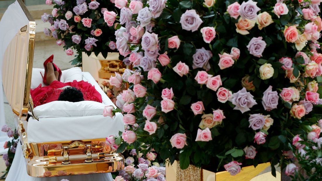 Aretha Franklin lies in her casket Tuesday at the Charles H. Wright Museum of African American History, which is in Detroit.