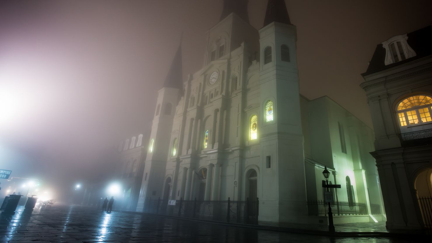 January 9, 2013, New Orleans LA, Saint Louis Cathedral on a foggy night in the French Quarter. (Photo by Julie Dermansky/Corbis via Getty Images)