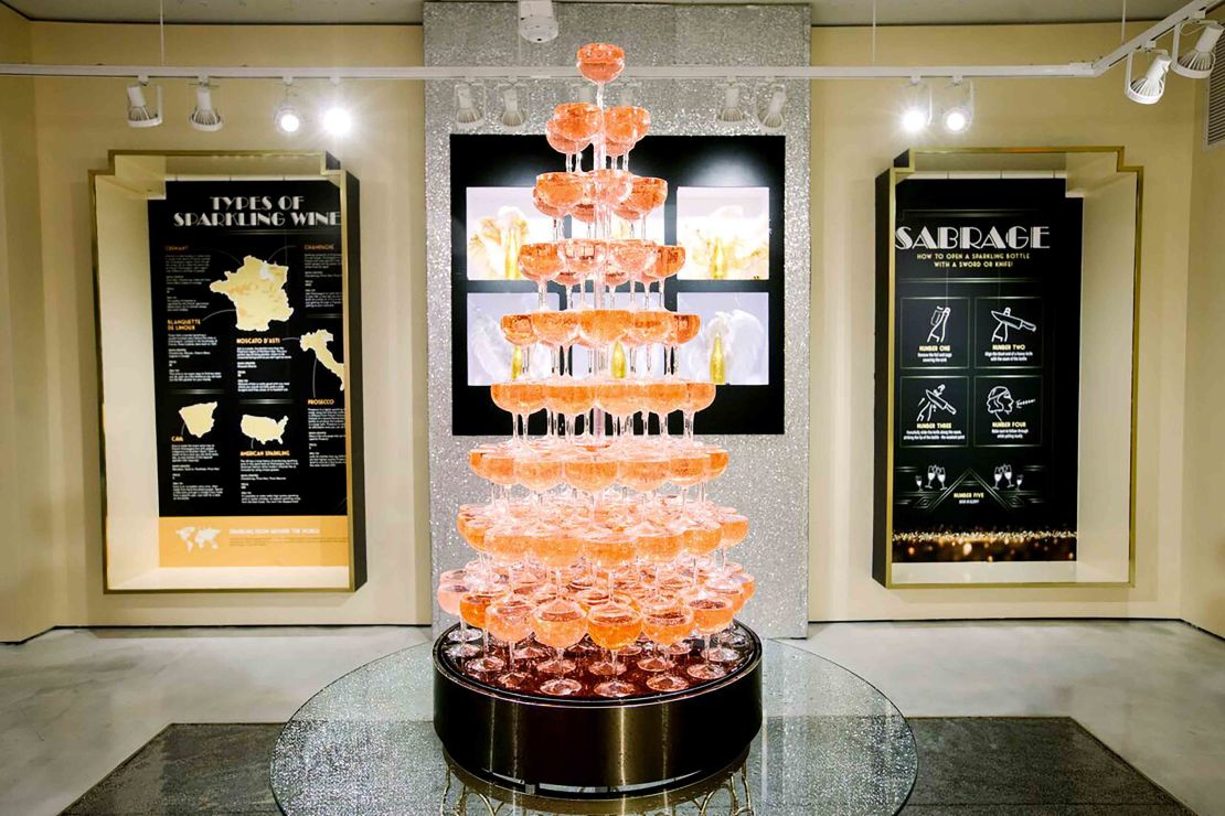 A tower of wine glasses at Rosé Mansion.