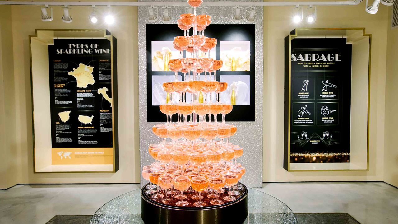 A tower of wine glasses at Rosé Mansion. 
