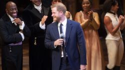 LONDON, ENGLAND - AUGUST 29:  Prince Harry, Duke of Sussex speaks onstage at "Hamilton" after the gala performance in support of Sentebale at Victoria Palace Theatre on August 29, 2018 in London, England. (Photo by Dan Charity - WPA Pool/Getty Images)