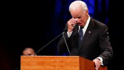 Former Vice President Joe Biden wipes a tear away while giving a tribute during memorial service at North Phoenix Baptist Church for Sen. John McCain, R-Ariz., on Thursday, Aug. 30, 2018, in Phoenix. (AP Photo/Jae C. Hong)