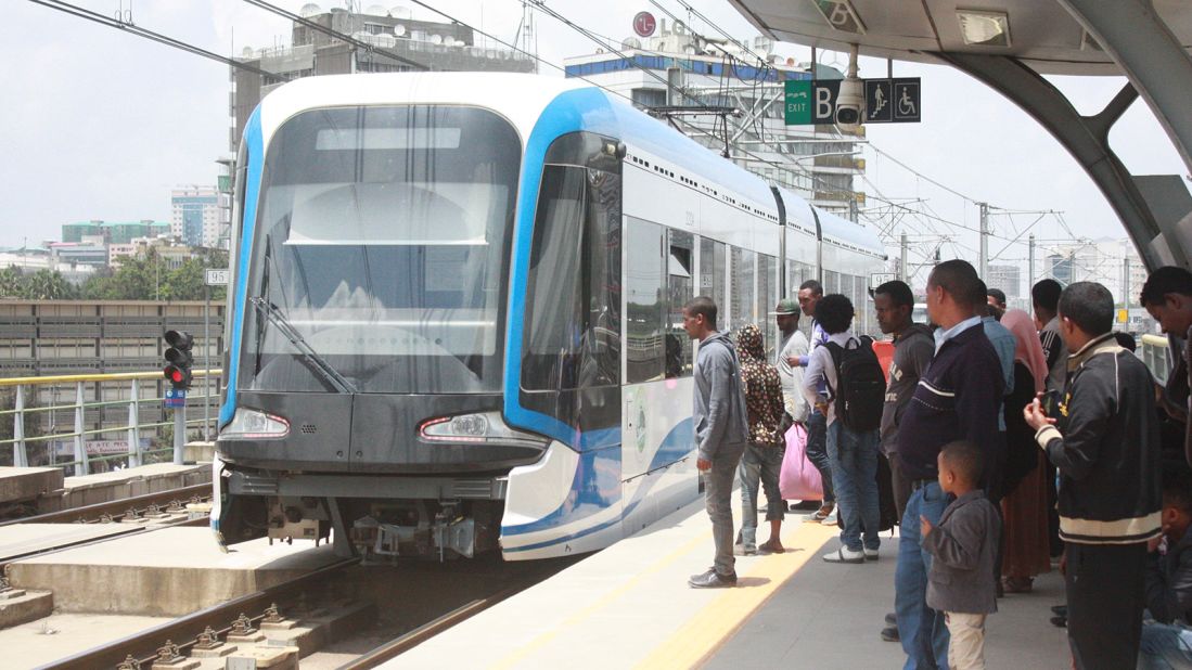 Passengers board the LRT in Addis Ababa, Ethiopa.