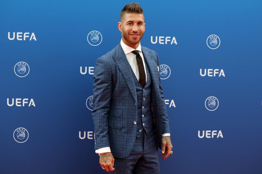 Real Madrid defender Sergio Ramos arrives to attend the Champions League group stage draw in Monaco.