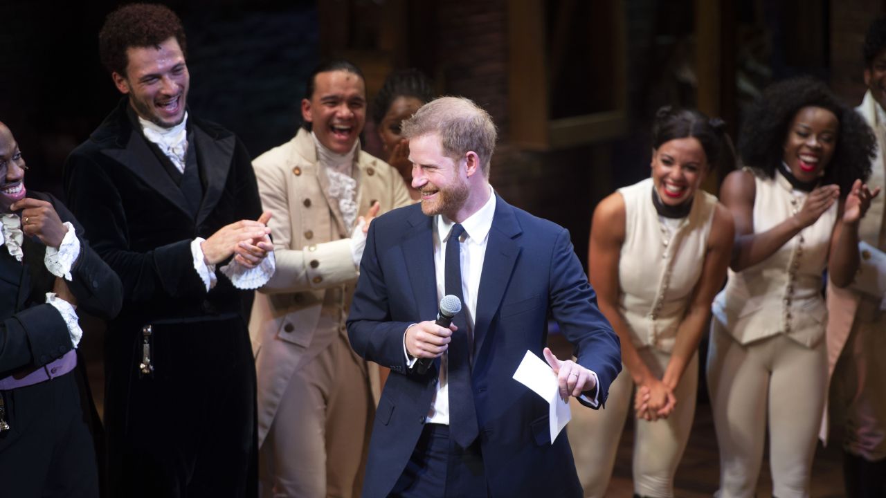 Britain's Prince Harry speaks on stage after he and his wife, Meghan, watched the hip-hop musical "Hamilton" at a London theater on Wednesday, August 29. Harry gave those in the theater something to remember after <a href="https://www.cnn.com/2018/08/30/uk/prince-harry-meghan-markle-hamilton-intl/index.html" target="_blank">breaking into mock-song</a> at the end of the show. The show was held to raise money for his HIV charity, Sentebale.