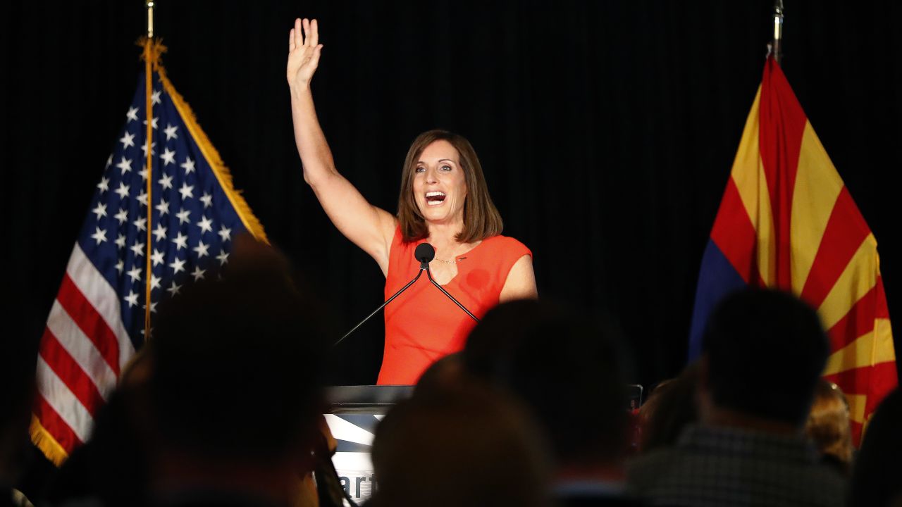US Rep. Martha McSally, who is running for one of Arizona's seats in the US Senate, celebrates her primary victory in Tempe on Tuesday, August 28. The Republican will face another congresswoman, Democrat Kyrsten Sinema, in November. Whoever wins will become <a href="https://www.cnn.com/2018/08/29/politics/arizona-all-female-senate-election-mcsally-sinema/index.html" target="_blank">the state's first female senator.</a>