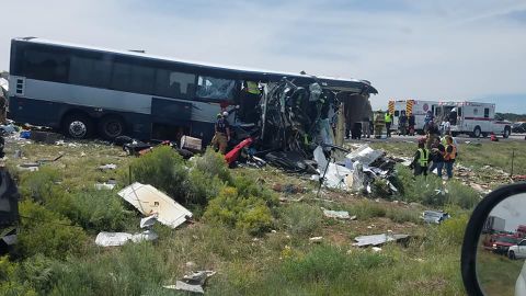 The front of the Greyhound bus was severely damaged during the crash.