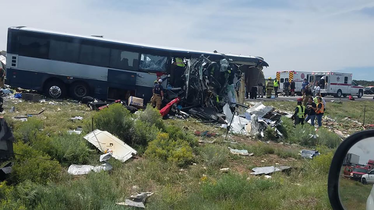 The front of the Greyhound bus was severely damaged during the crash.