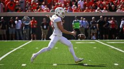 STILLWATER, OK - OCTOBER 1 : Punter Michael Dickson #13 of the Texas Longhorns kicks during the game against the Oklahoma State Cowboys October 1, 2016 at Boone Pickens Stadium in Stillwater, Oklahoma. The Cowboys defeated the Longhorns 49-31.  (Photo by Brett Deering/Getty Images)