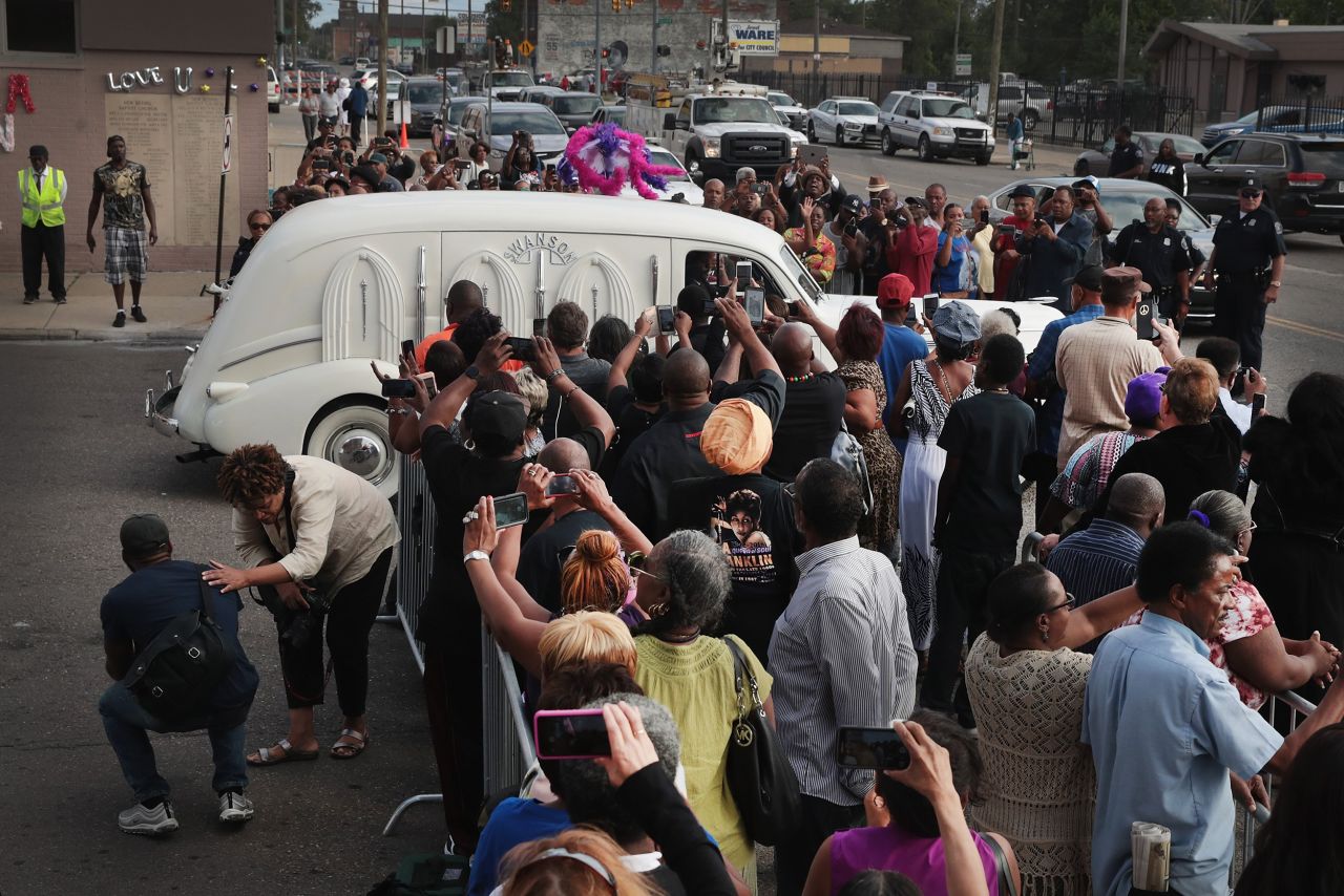 Franklin's body is driven away from the New Bethel Baptist Church after a final public viewing in Detroit on Thursday. The church was once led by her father, the Rev. C.L. Franklin.