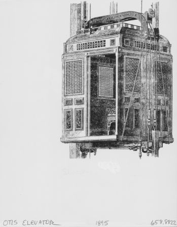 Engraving depicting an early incarnation of an Otis elevator, USA, 1895. 