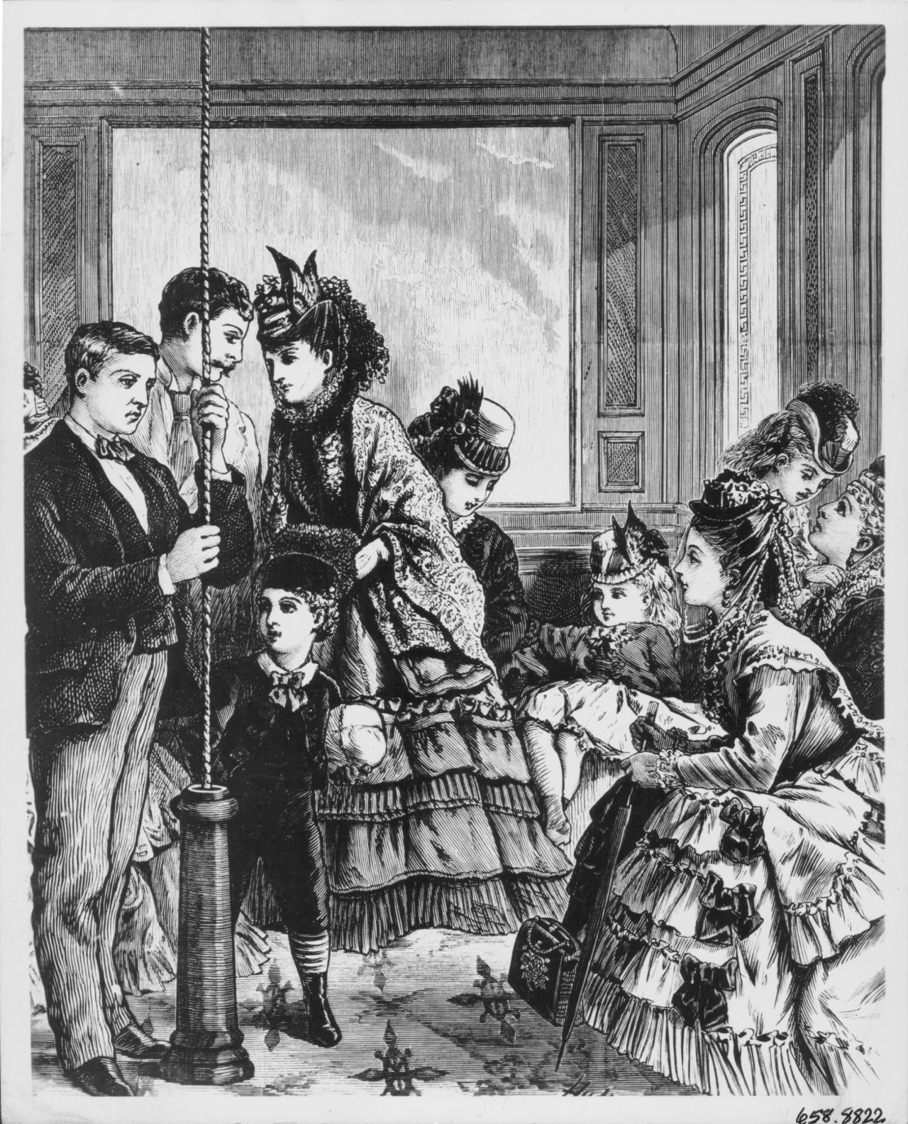 Engraving depicting the elevator in the Lord and Taylor Department Store, Manhattan, 1873. 