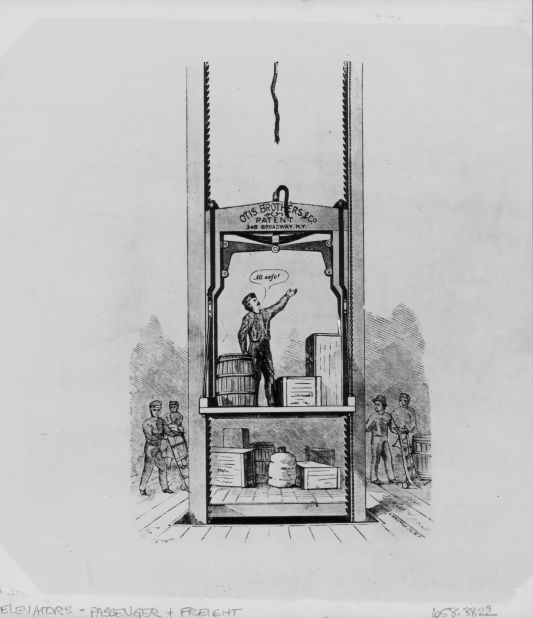 Engraved example of an original Otis Elevator, for both passengers and freight, New York, circa 1830-1860. 
