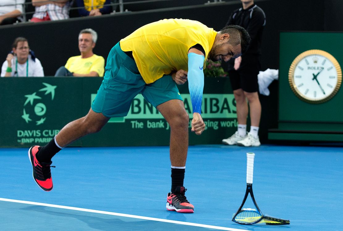 Kyrgios loses his temper as he smashes his racket during the Davis Cup World Group First Round.
