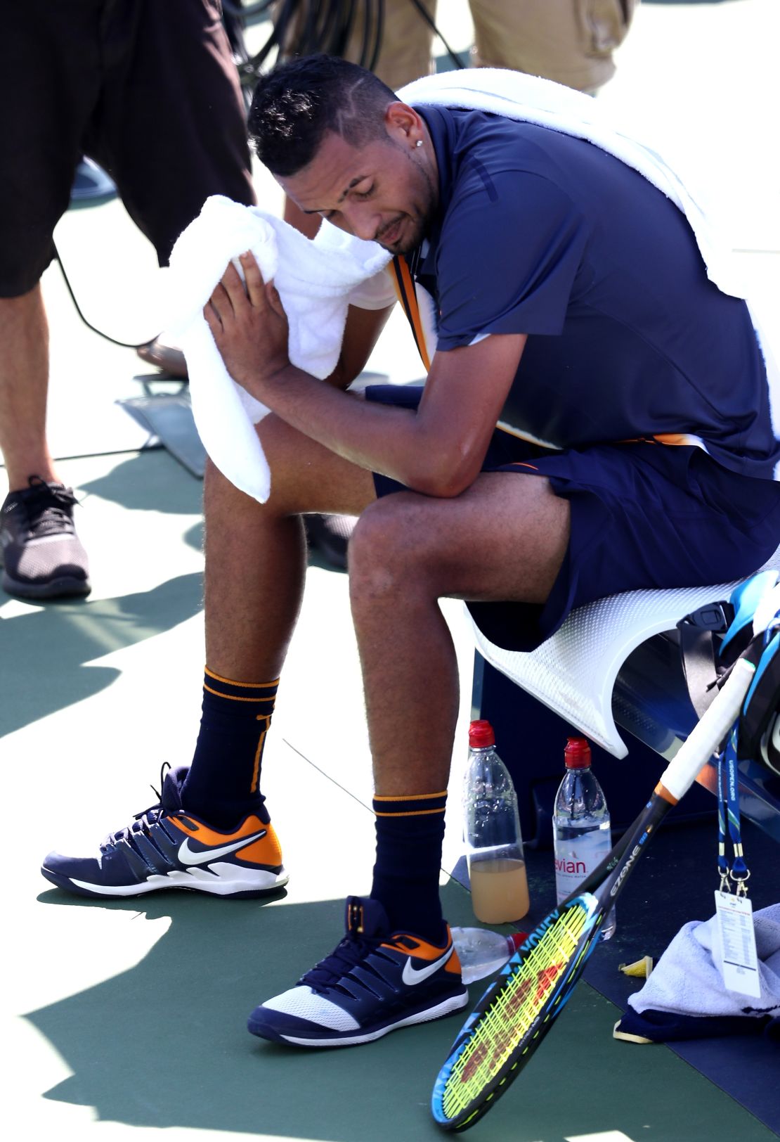 Nick Kyrgios of Australia takes a break during his men's singles second round match against Pierre-Hugues Herbert on Day Four of the 2018 US Open.