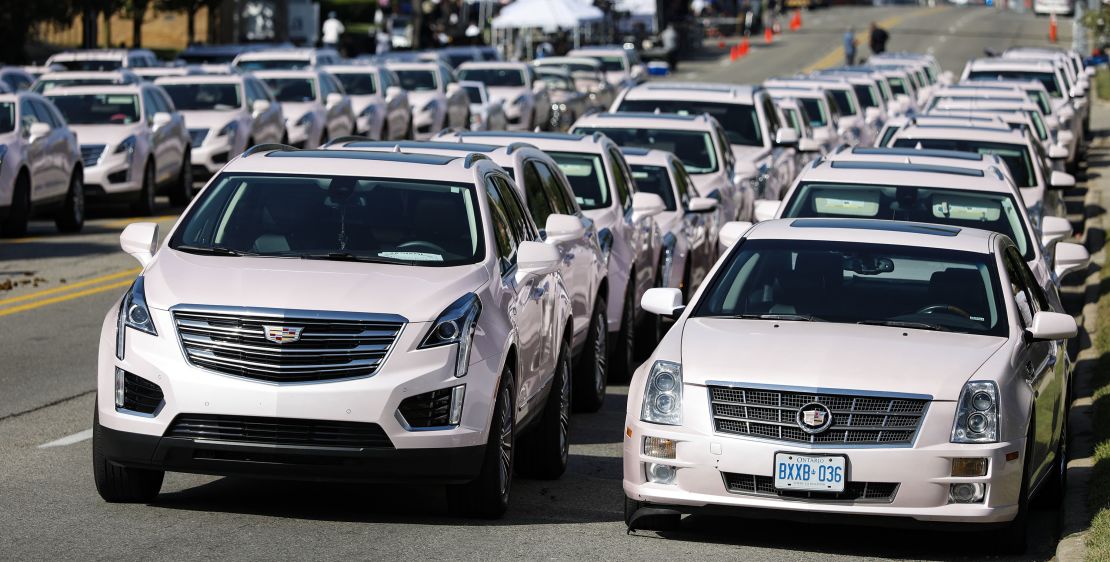 Pink Cadillacs line up outside Greater Grace Temple, the site of Franklin's funeral Friday.